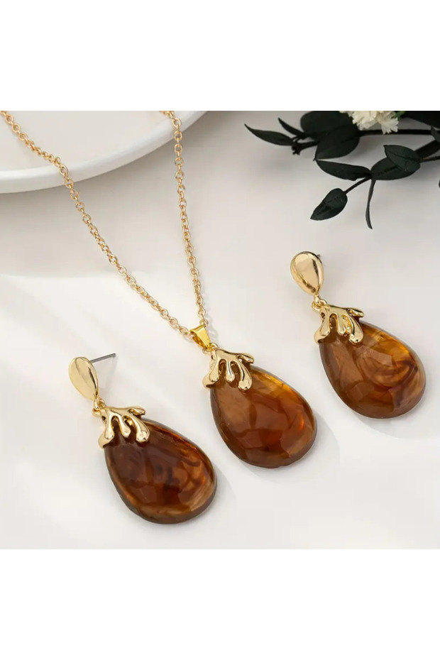 Damla Model Amber Necklace Earring Set - 4