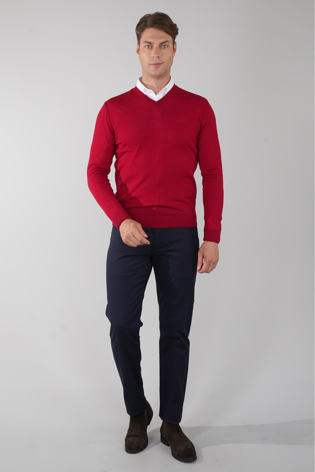 Erkek Basic V Yaka Triko Kırmızı - 5