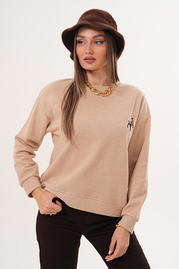 Kadın Ceylan Nakışlı Selanik Örme Sweatshirt 255432 - - 4