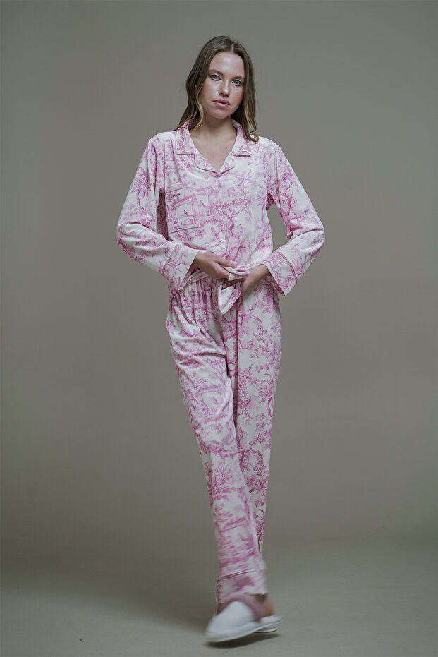 Pink Patterned Velvet Pajama Set - 1
