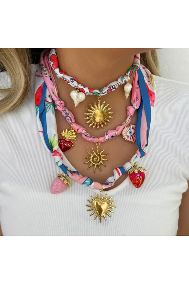 Pink Bandana Style Sun Heart Detail Charmed Necklace