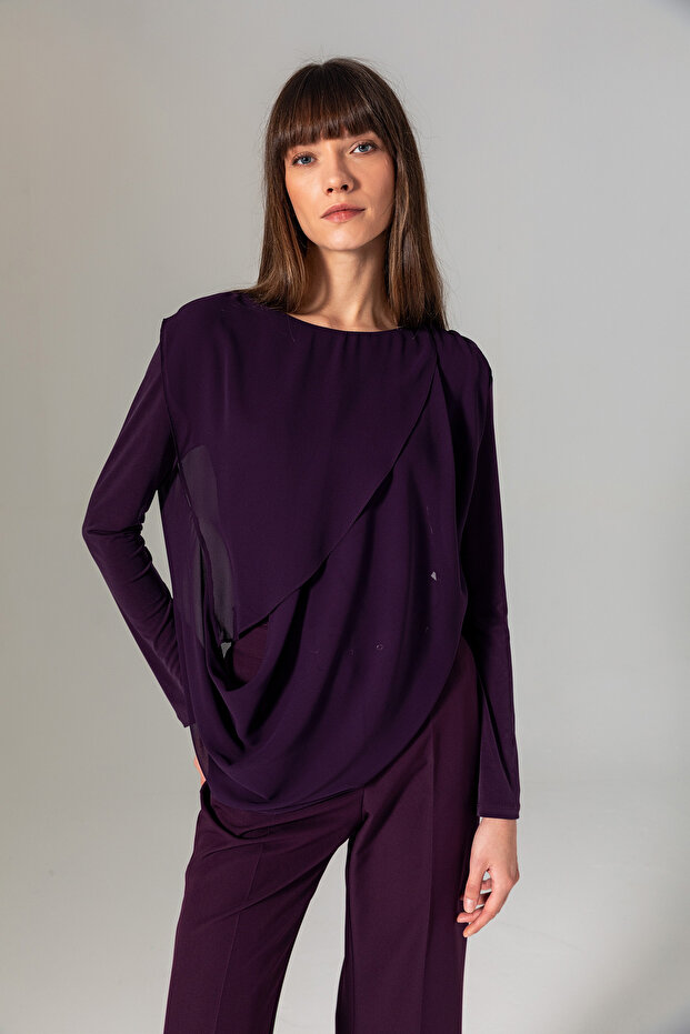 Şifonlu Örme Bluz Mor - 1
