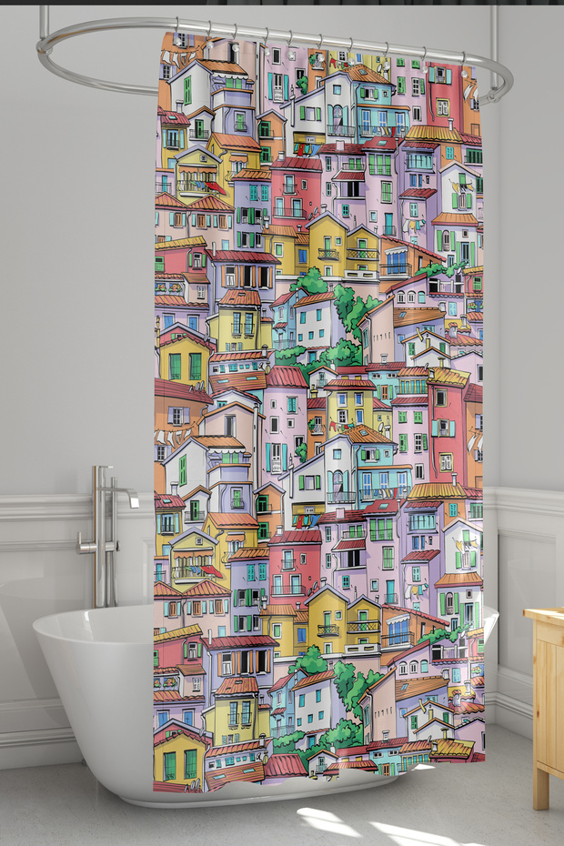 Bathroom Curtain, Colorful Houses Pattern Shower Curtain, Bathtub Curtain, with Ring Gift 175X200Cm Bp-74