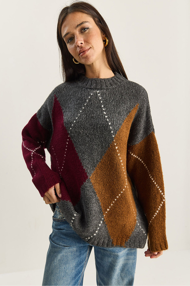 Women's Anthracite Claret Red Diamond Patterned Sweater 20251095