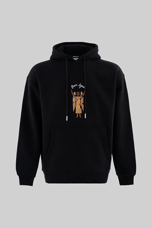 Men's Angel Embroidered Fleece-Lined Hooded Sweatshirt Black