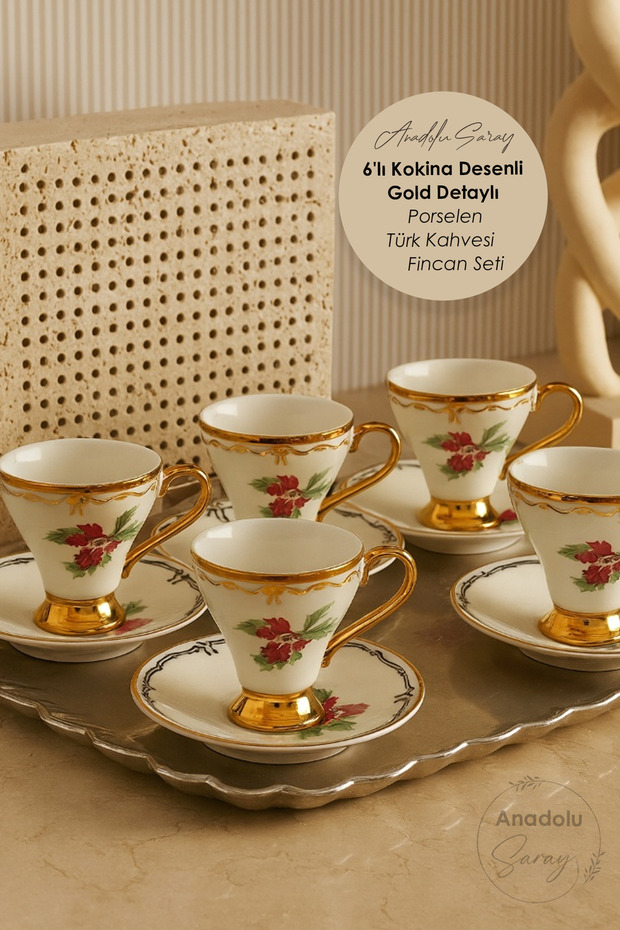 6-Piece Kokina Patterned Gold Detailed Porcelain Turkish Coffee Cup Set