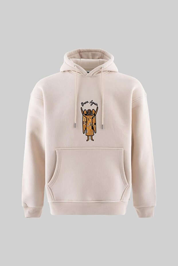 Men's Angel Embroidered Fleece-Lined Hooded Sweatshirt Light Beige