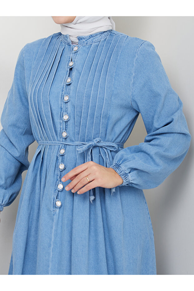 KADIN DRAPELI DÜĞMELI PİLİSELİ KOT ELBİSE - 7