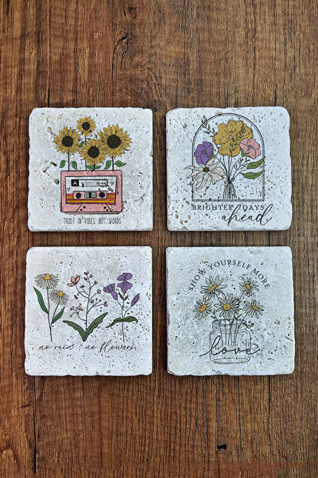 Natural Stone Coaster - Clipart Flower Printed 10X10Cm Ai Flower Stone Coasters 562