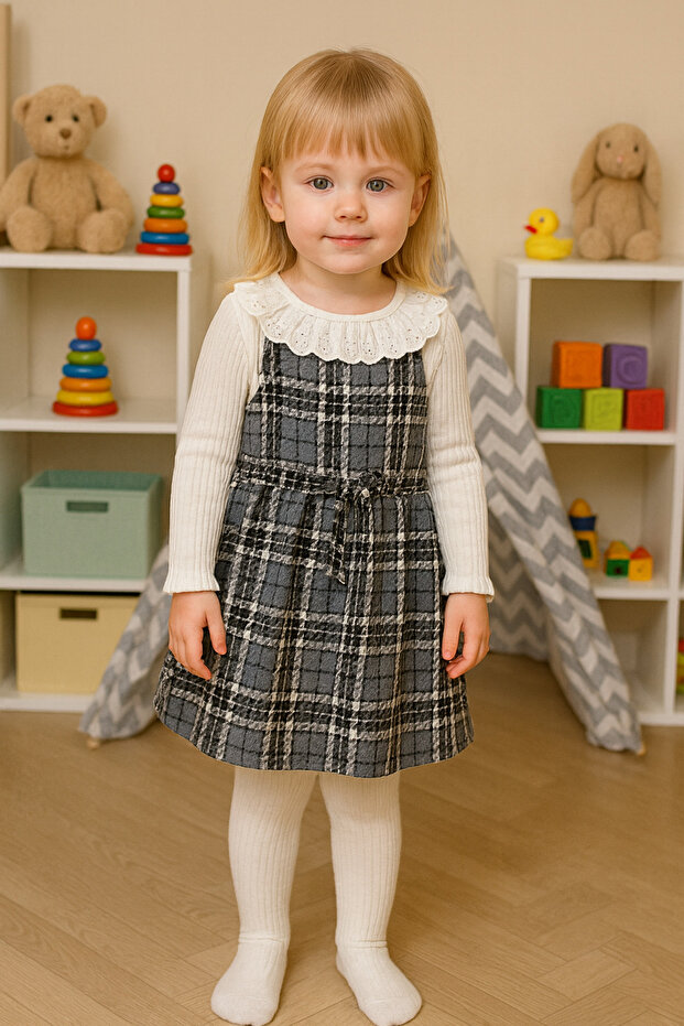 Girl's Plaid Collar Scalloped Gilet Dress