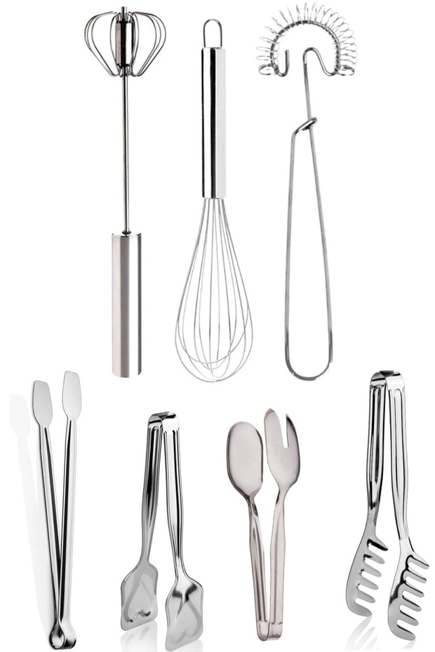 7-Piece Whisk Tongs Set Premium Quality | Spring Whisk | Hand Mixer | Tongs Set Steel Stainless