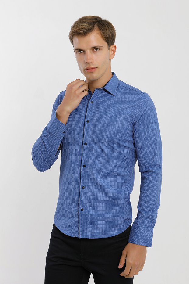 Long Sleeve Snap Fastener Paneled Cotton Lycra Patterned Men's Shirt
