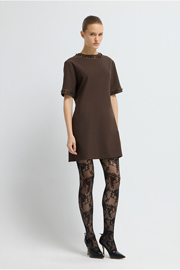 İşlemeli Mini Elbise - 4