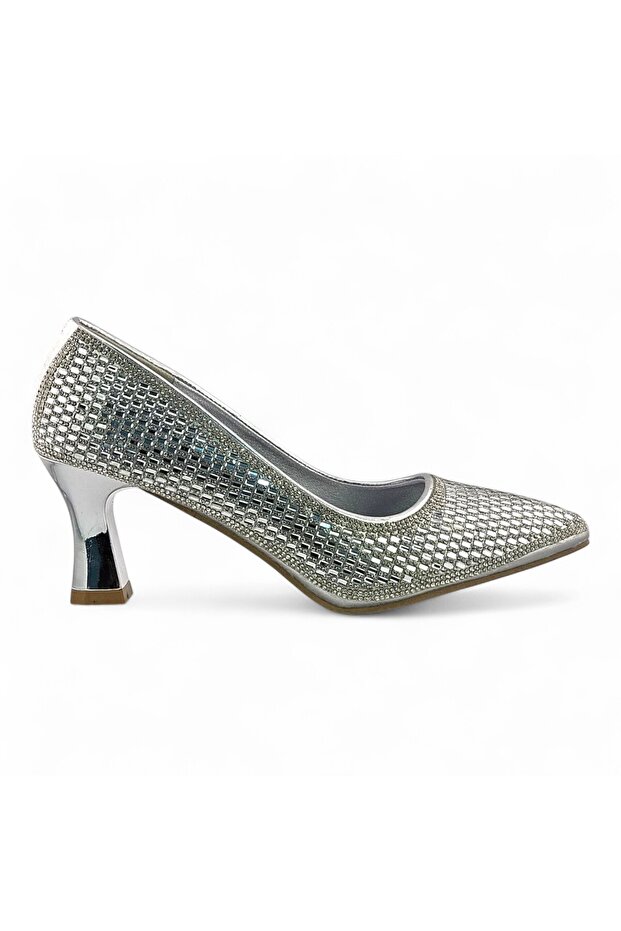 Rhinestone Pointed Toe Mid Heel Pump - 1