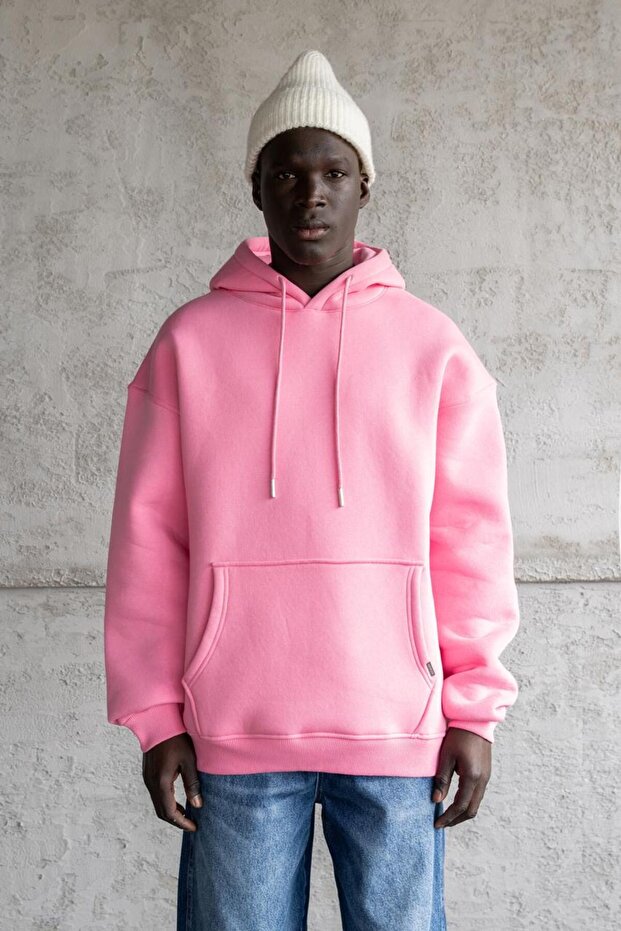 Erkek Oversize Basic Kapüşonlu Sweatshirt Pembe - 1