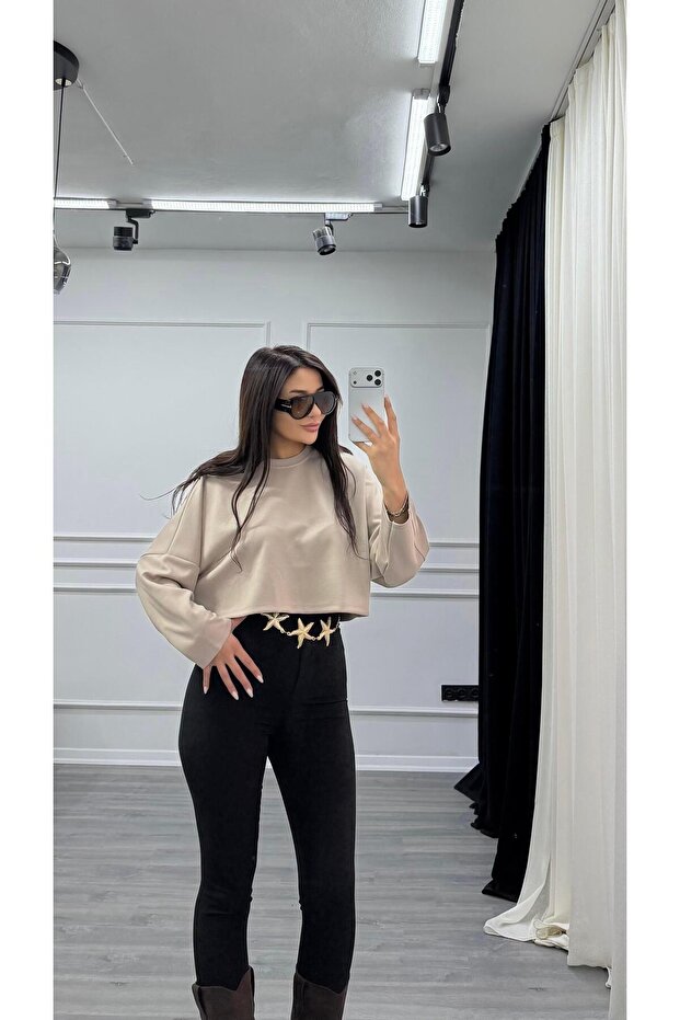 Bej Bisiklet Yaka Oversize Sweatshirt - 4