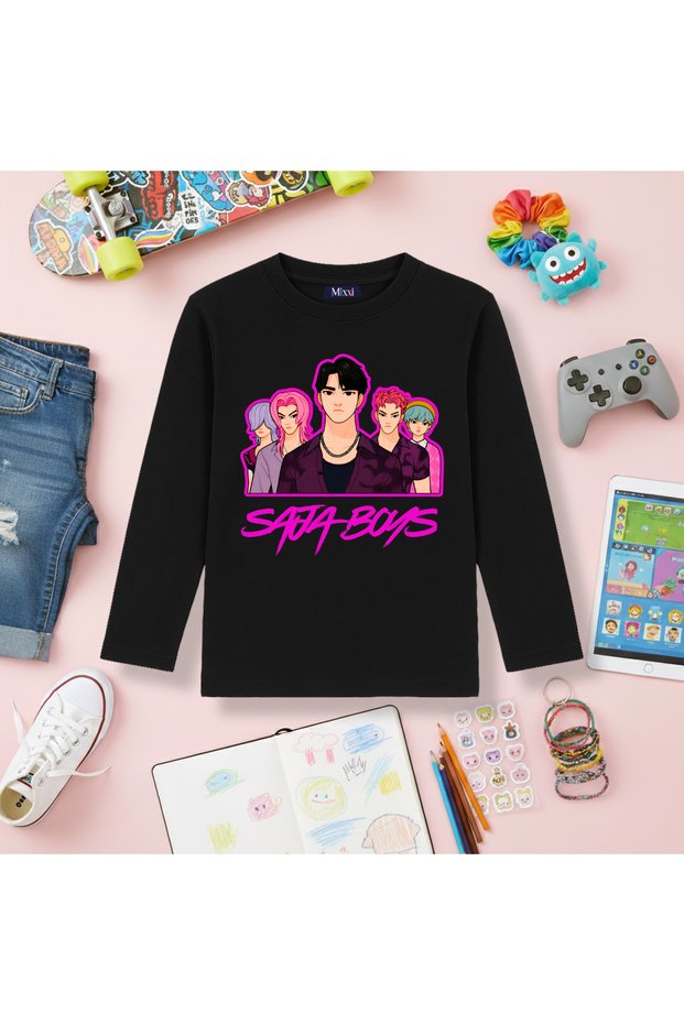 Kpop Demon Hunters Saja Boys Long Sleeve Printed Girls' T-Shirt (4-13 Years)