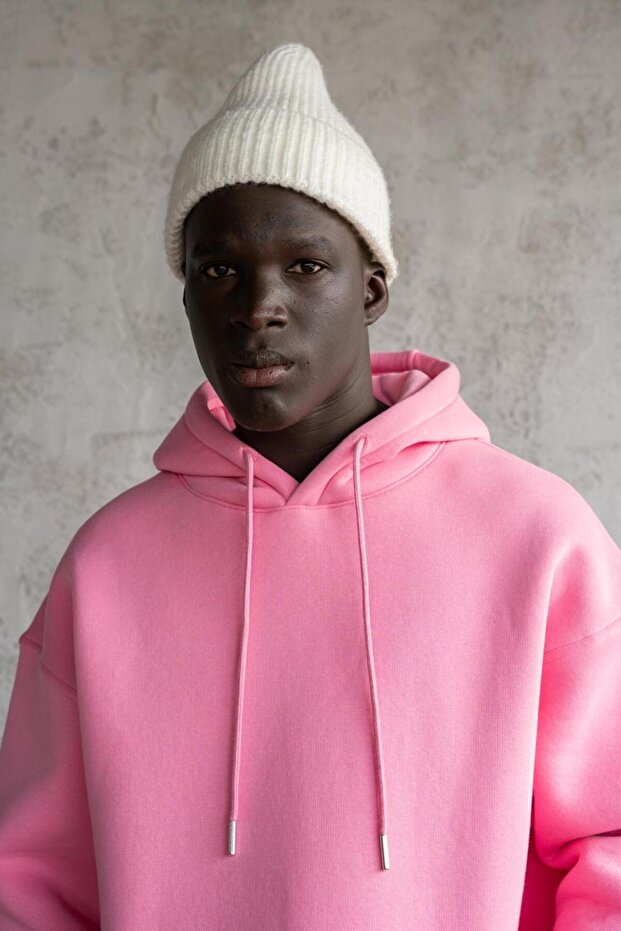 Erkek Oversize Basic Kapüşonlu Sweatshirt Pembe - 2