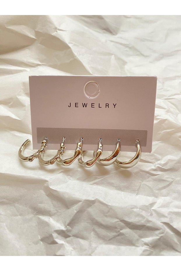 Women's Silver Color 6-Piece Hoop Earring Set |   Minimal – Stone – Domed Model Earrings