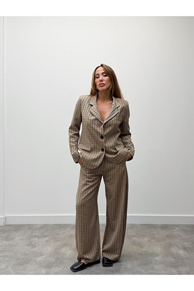 Kadın Kareli Blazer Ceket - 4