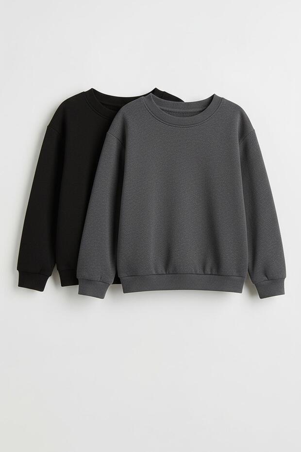 Unisex Kids 2-Piece Basic Crew Neck Sweatshirt Set – Black & Anthracite
