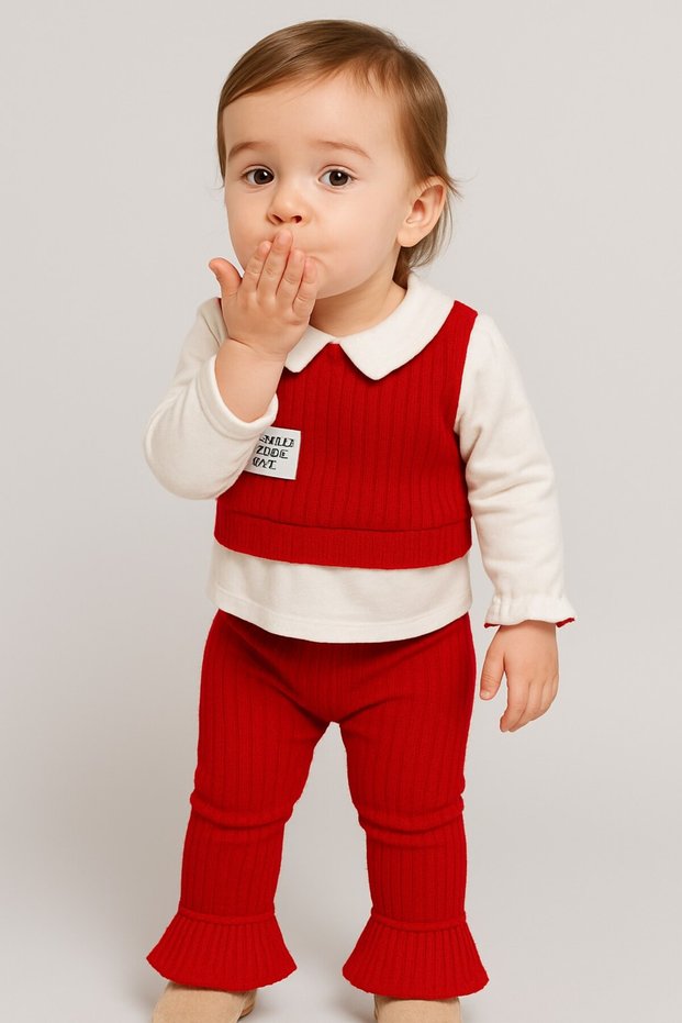 Baby Girl Ribbed Detailed Shirt Collar 3-Piece Winter Set