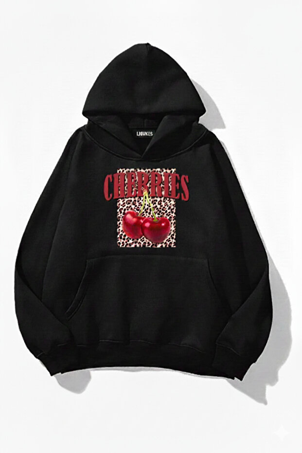 Women's Oversized Sweatshirt Hoodie Cherries Leopard Hooded , 3 Thread Fleece, Kangaroo Pocket