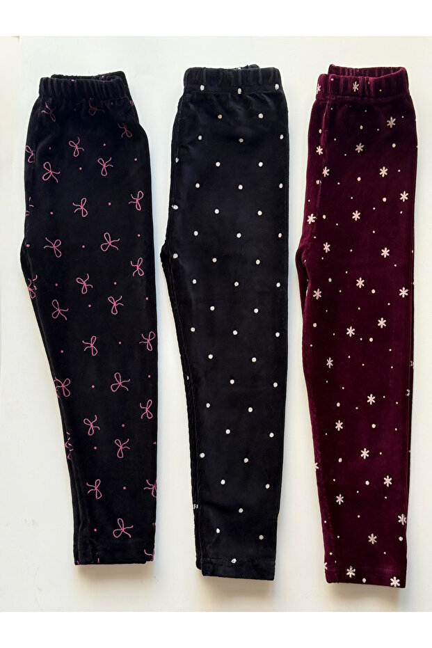 Girl's Corded Fabric Velvet 100% Cotton Patterned 3-Piece Set Leggings Set