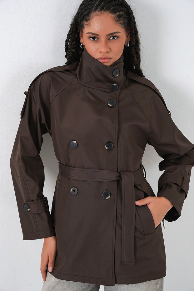 Women's Double-Breasted Collar Short Trench Coat 5980 - Brown
