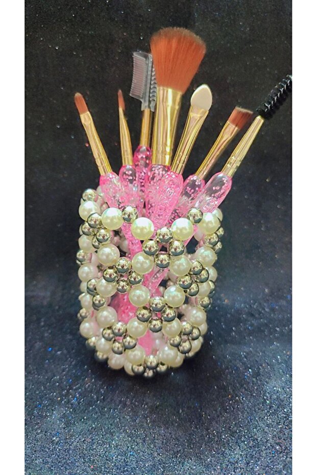 Handcrafted Pearl Beaded Stylish Makeup Brush Holder Adds Elegance to Your Desk.