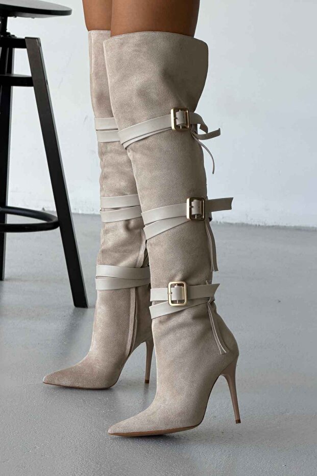 Rome Buckle Detailed Above-Knee Thin Heel 10 cm Skin Suede Boots