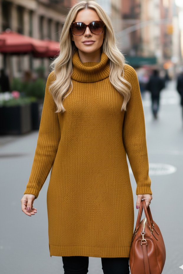 Women's Mustard Yellow Degaje High Neck Thick Knit Italian Sleeve Y Slit Long Tunic Dress Knitwear Sweater