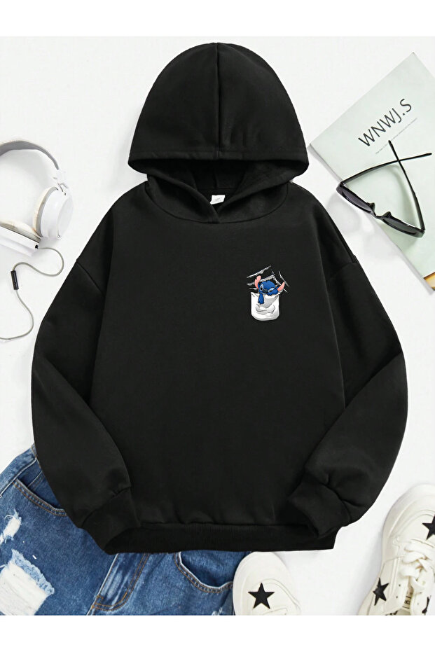 Stitch Printed 100% Cotton Kangaroo Pocket Hooded Kids Sweatshirt
