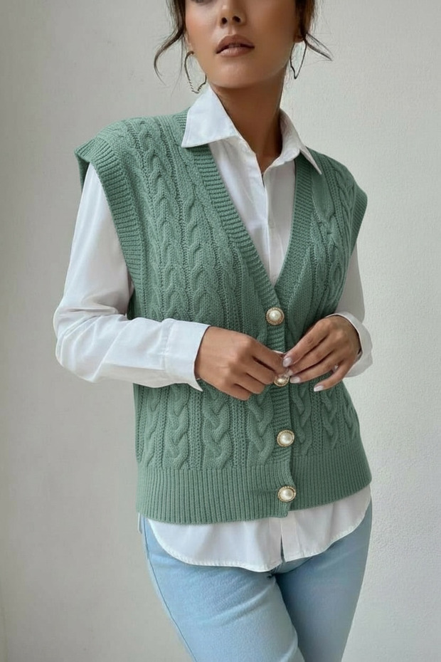 Knitted Detailed Pearl Buttoned V-Neck Trendy Knitwear Vest Women's Sweater