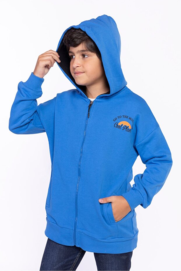 Boys' Hooded Zippered Pockets Low Shoulder Embroidery Printed Knitted Cardigan - 3 Thread Without Embroidery