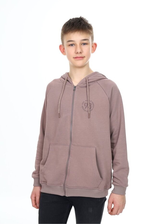 Boys' Hooded Zippered Pockets Low Shoulder Printed Raglan Sleeve Knitted Cardigan