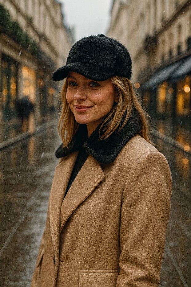 Black Soft Textured Plush Cap Women's Hat
