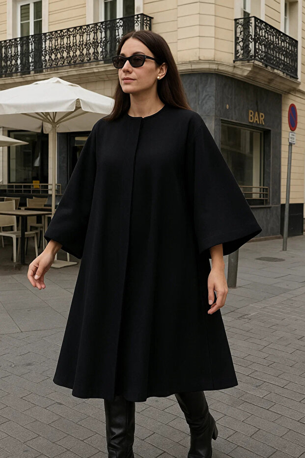 Kadın Premium Basic Uzun Siyah Kaşe Kaban - 2