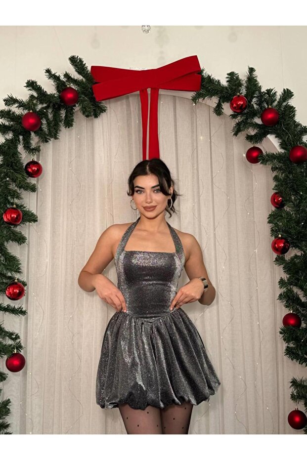 Line Boyun Bağlamalı Mini Elbise - 3