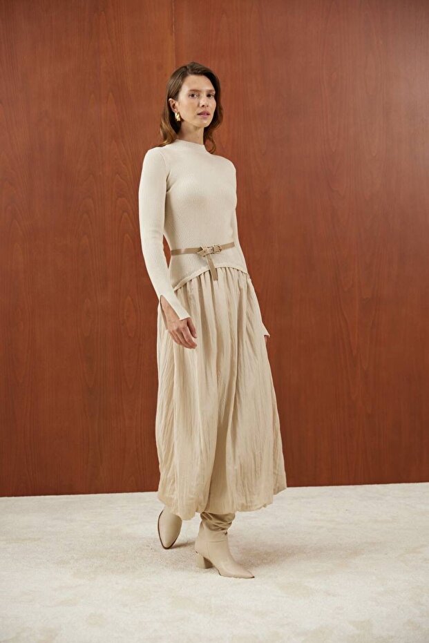 Bej Triko Balon Elbise - 1