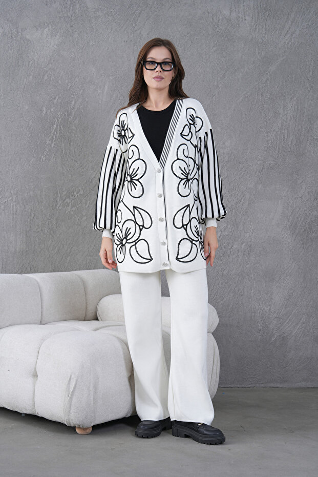 Women's Front Beaded Wide Fit Tr,Ko Cardigan V E Pants Bottom Top Set