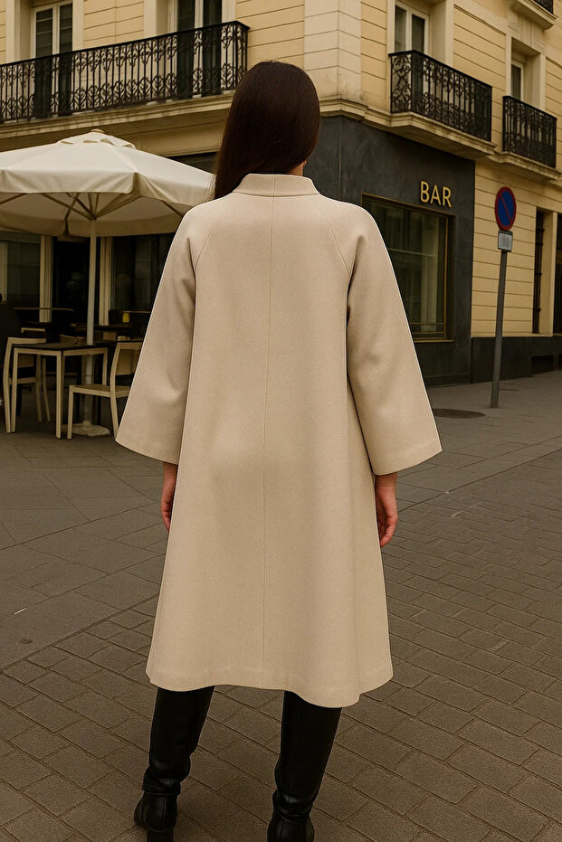 Kadın Premium Basic Uzun Krem Kaşe Kaban - 6