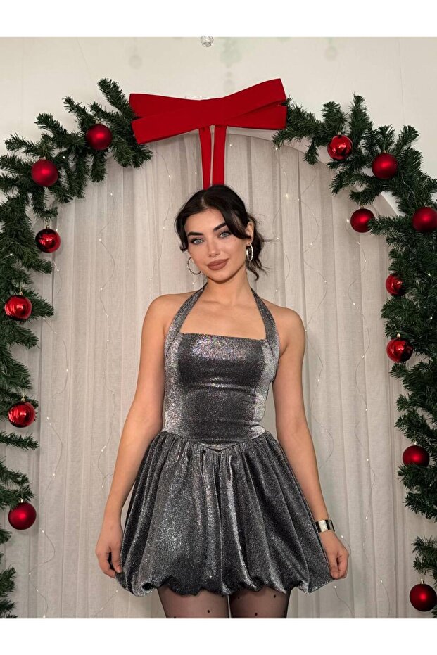 Line Boyun Bağlamalı Mini Elbise - 1