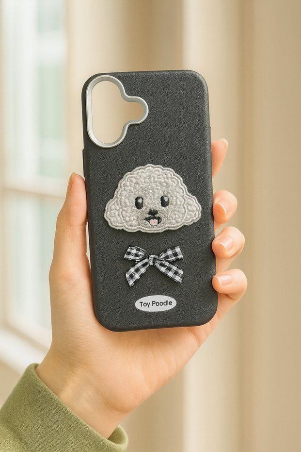 iPhone 16 Plus Case Toy Poddle Embroidered Black Phone Case - Stylish Protective Model with Bow Detail