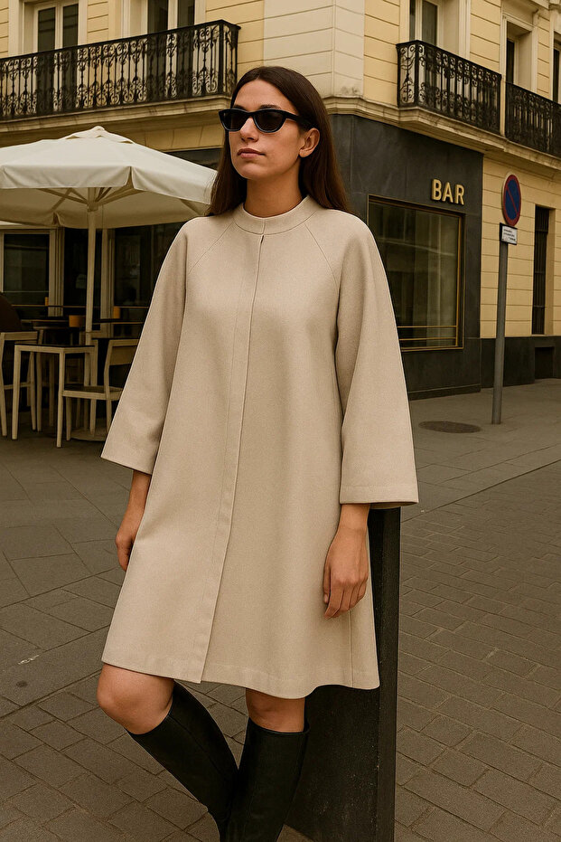 Kadın Premium Basic Uzun Krem Kaşe Kaban - 4