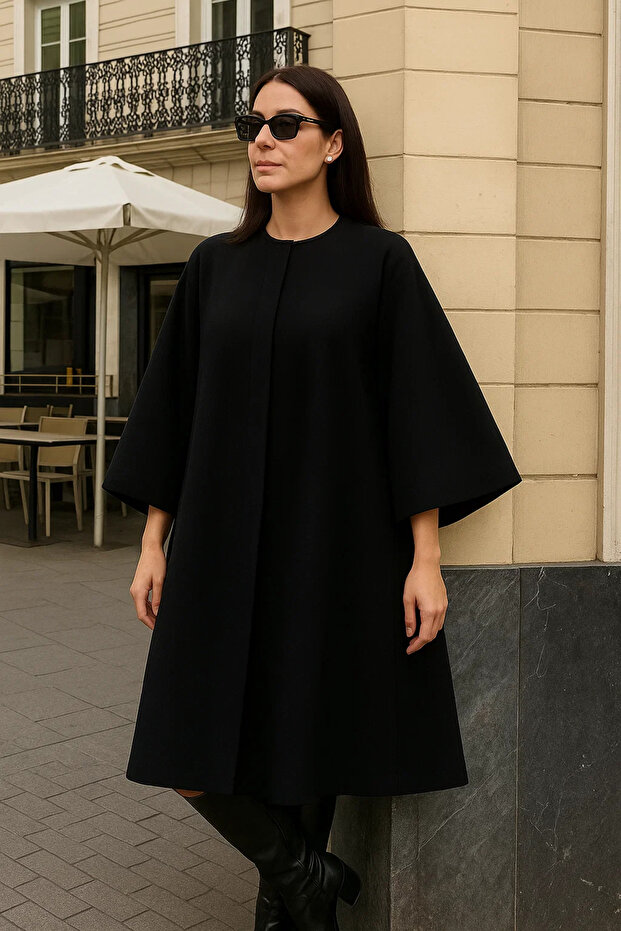 Kadın Premium Basic Uzun Siyah Kaşe Kaban - 3