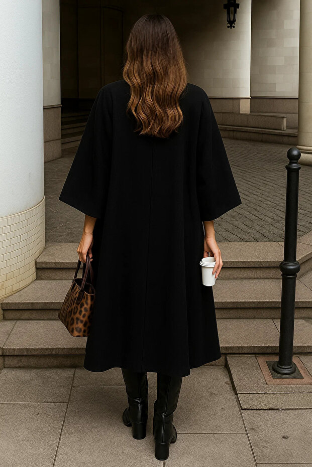 Kadın Oversize Basic Uzun Premium Siyah Kaşe Panço - 5