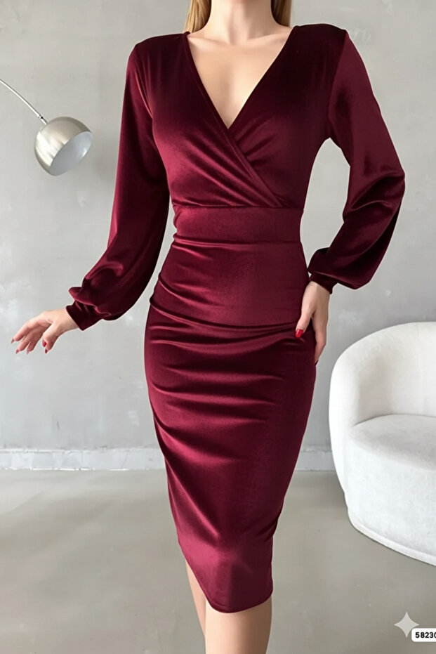 Velvet Fabric Long Sleeve Double-Breasted Dress