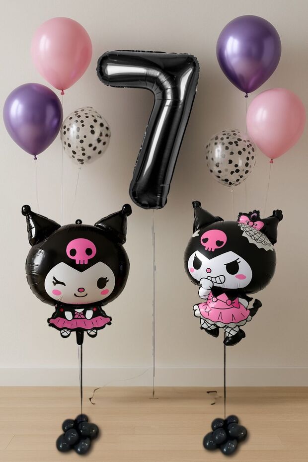 7 Year Old Double Kuromi Theme Birthday Set Black Number Confetti Transparent Balloon Helium Compatible Flying Balloon