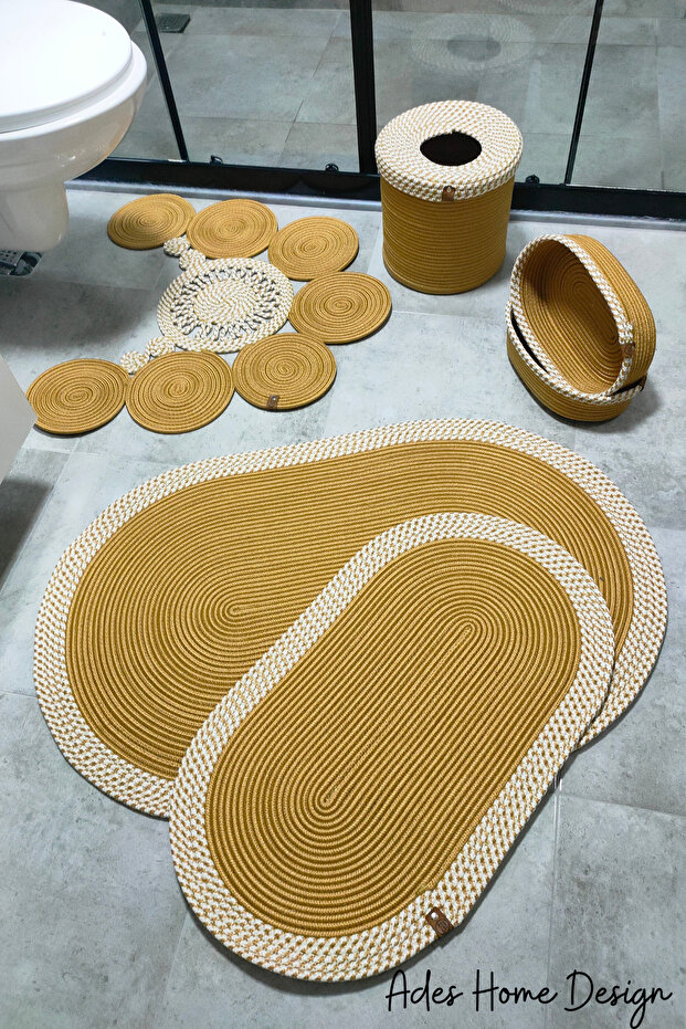 Jute,Bath Set,Bathroom Set,Bath Mat, Mat Set,Makeup Basket,Trash Can,Toilet Mat,Gold